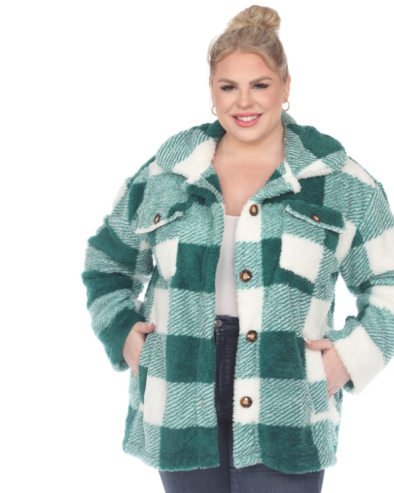 Front of a model wearing a size 2X Plaid Shacket in Green/White by White Mark. | dia_product_style_image_id:246907